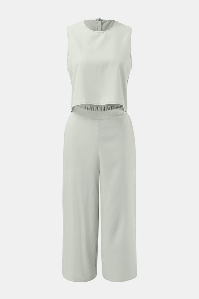 Round Neck Top and Wide Leg Pants Set | Hanalas