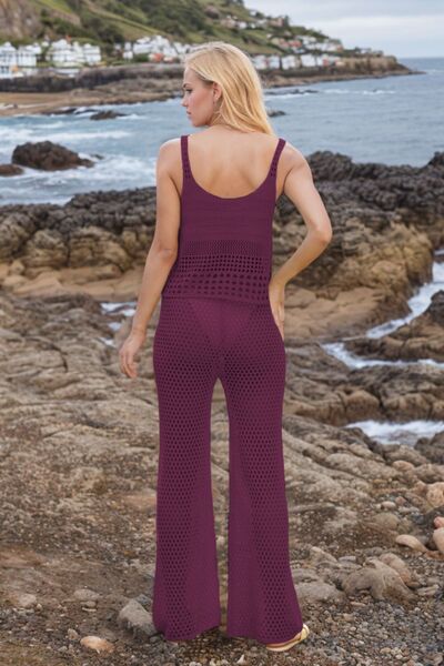 Hollow Out Round Neck Top and Pants Sweater Cover Up Set | Hanalas