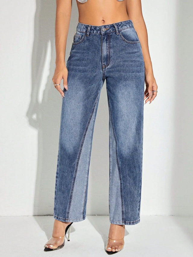 Contrast Patchwork Straight Jeans with Pockets Trendsi Hanalas