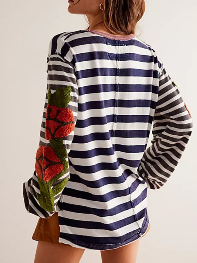 Striped Round Neck Long Sleeve Sweatshirt | Hanalas