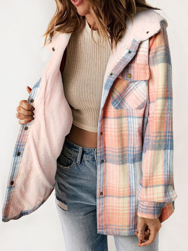 Plaid Snap Down Plush Hooded Jacket | Hanalas