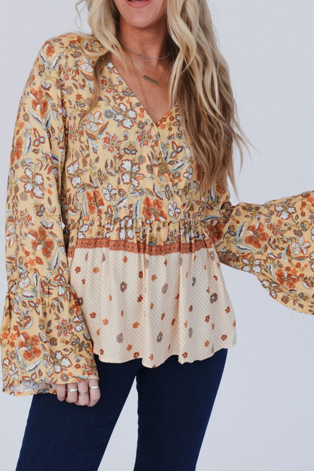 Peplum Printed Surplice Flare Sleeve Blouse | Hanalas