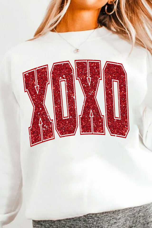 Valentine’s Day XOXO Glitter Round Neck Sweatshirt | Hanalas