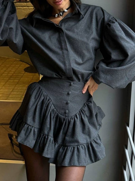 Lantern Sleeve Shirt and Ruffled Skirt Set | Hanalas