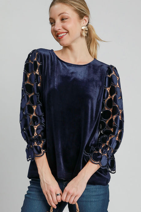 Umgee Polka Dot Lace Long Sleeve Round Neck Blouse | Hanalas