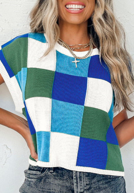 Contrast Plaid Round Neck Cap Sleeve Sweater | Hanalas