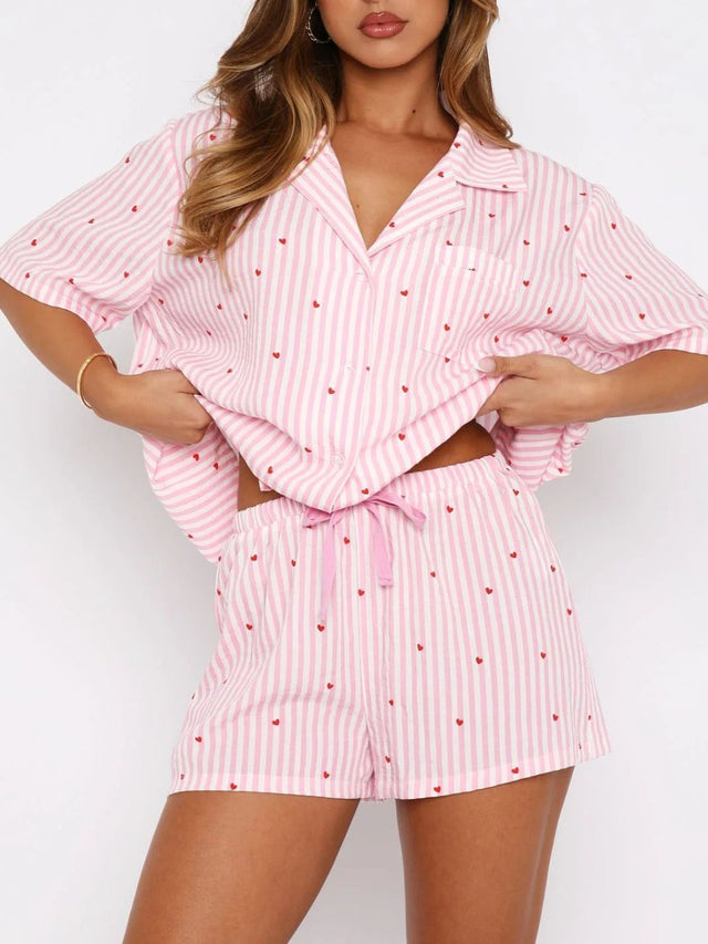 Valentine's Day Printed Collared Neck Short Sleeve Top and Shorts Set | Hanalas