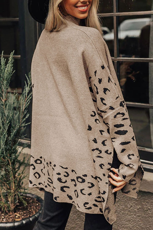 Slit Leopard Mock Neck Dropped Shoulder Sweater | Hanalas