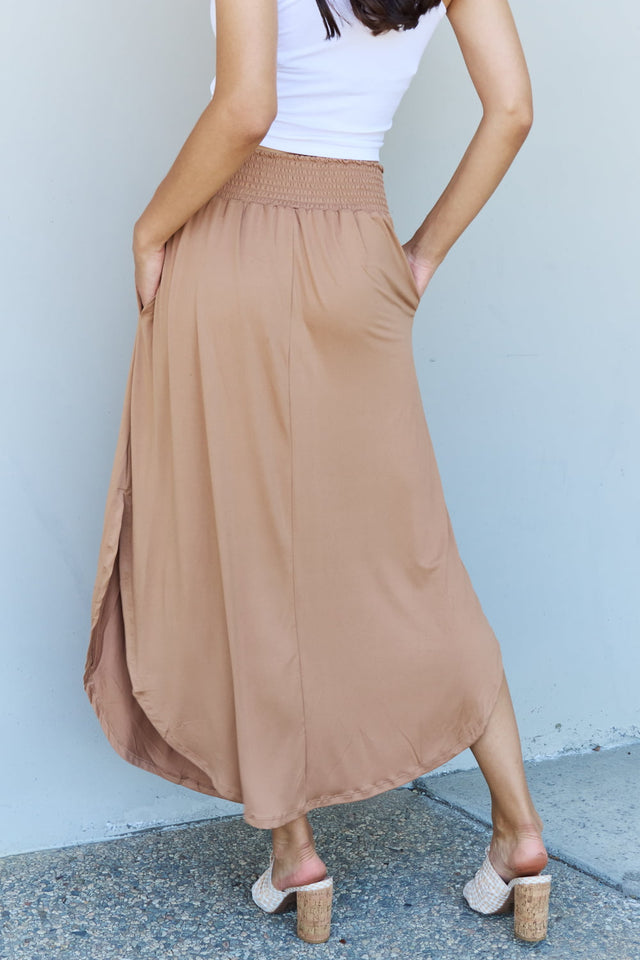 Doublju Comfort Princess Full Size High Waist Scoop Hem Maxi Skirt in Tan Trendsi Hanalas