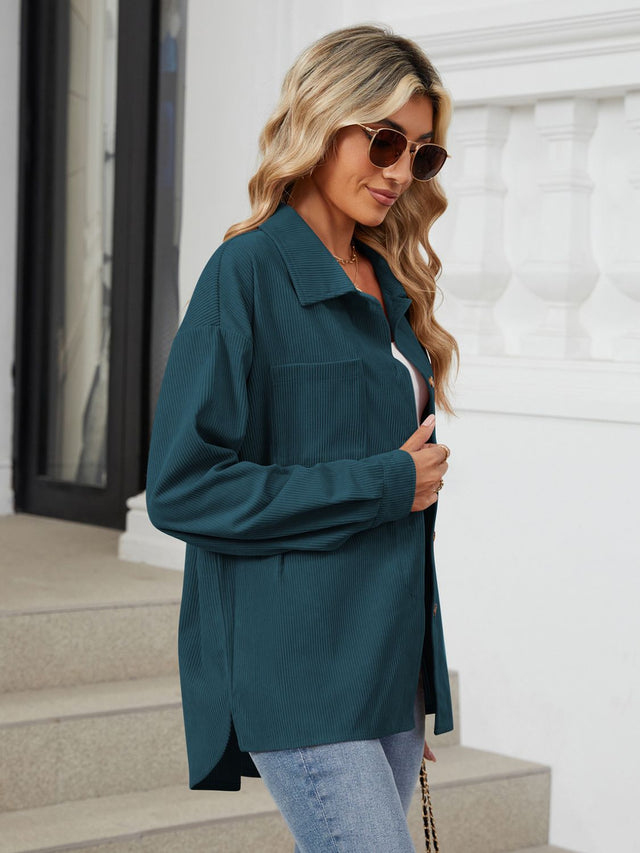 Button Up Long Sleeve Shirt with Breast Pockets Trendsi Hanalas