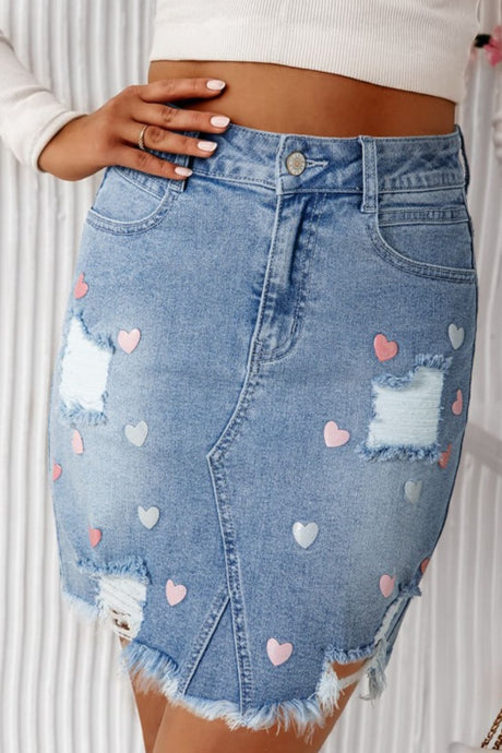 Distressed Raw Hem Heart Denim Skirt | Hanalas