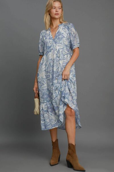Umgee Full Size Printed Puff Short Sleeve Midi Dress Plus Size | Hanalas