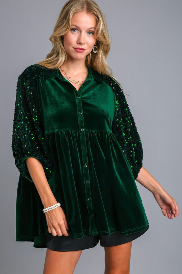 Umgee Sequin Detail Tiered Back Half Sleeve Shirt | Hanalas