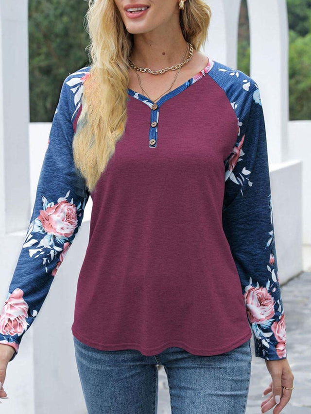 V-Neck Floral Long Sleeve T-Shirt | Hanalas