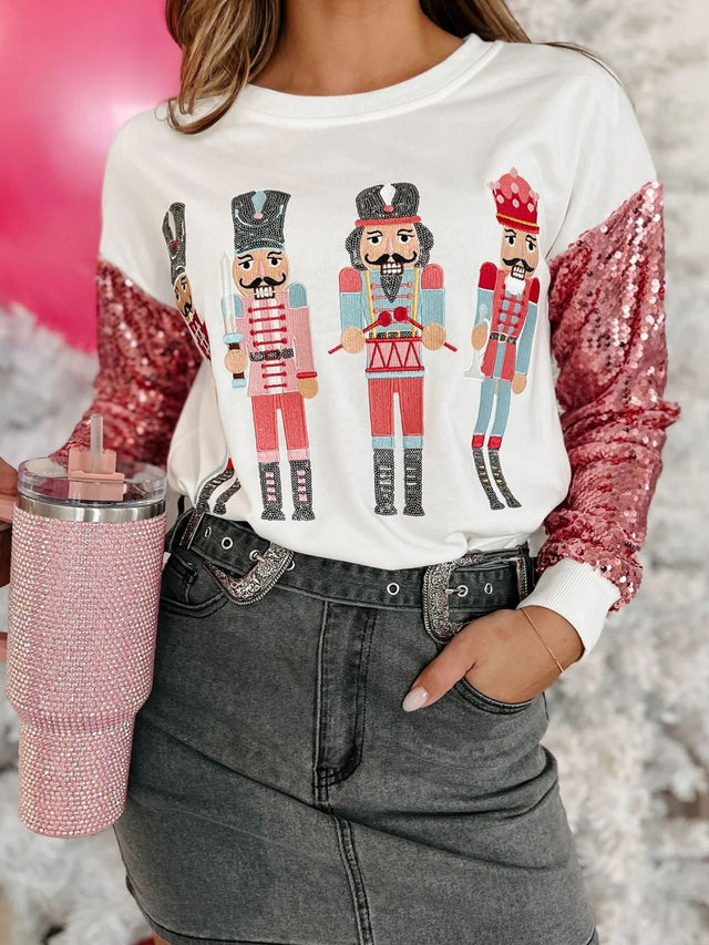 Sequin Nutcracker Round Neck Long Sleeve Sweatshirt | Hanalas