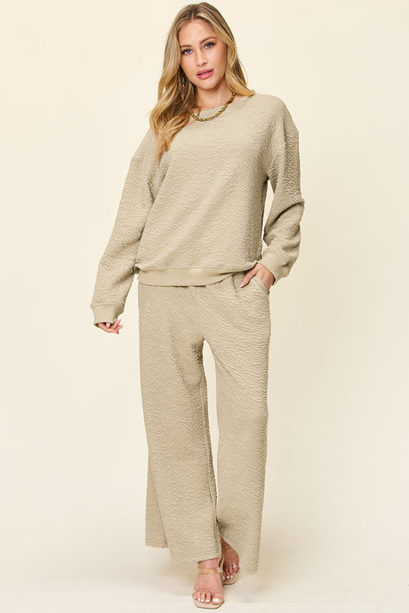 Double Take Full Size Texture Long Sleeve Top and Pants Set | Hanalas