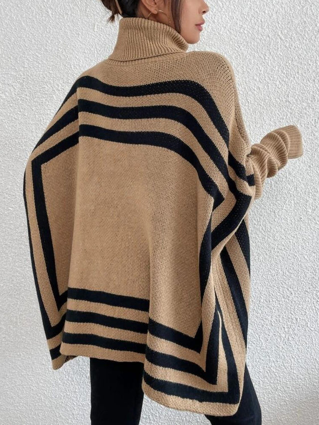 Striped Turtleneck Batwing Sleeve Sweater with Pockets | Hanalas