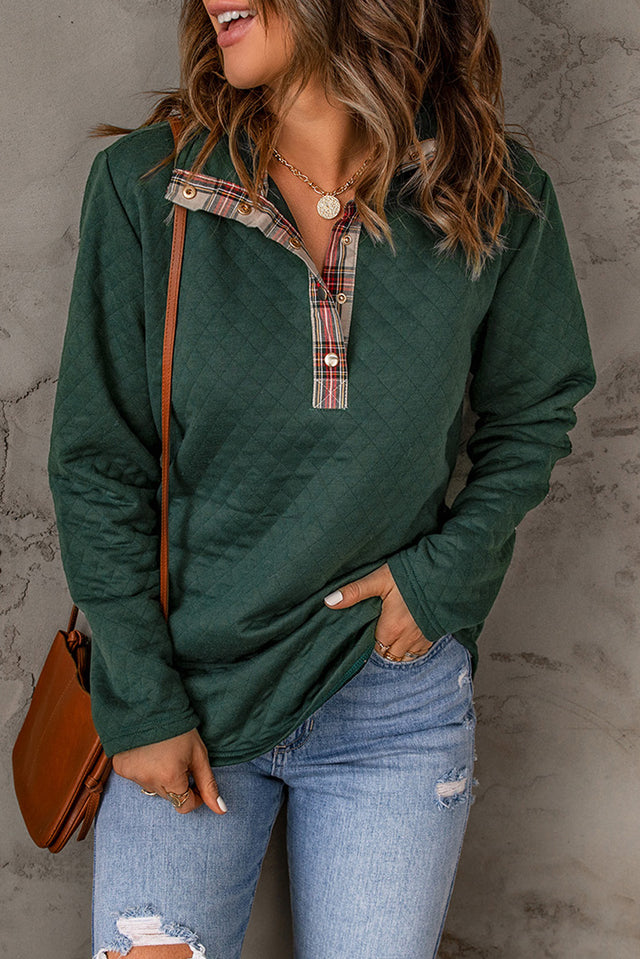 Red Geometric Texture Plaid Trim Sweatshirt | Hanalas