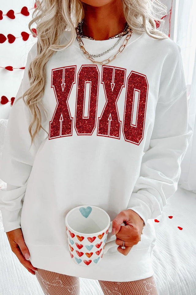 Valentine’s Day XOXO Glitter Round Neck Sweatshirt | Hanalas