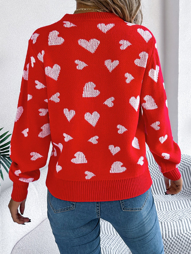 Heart Round Neck Long Sleeve Sweater | Hanalas