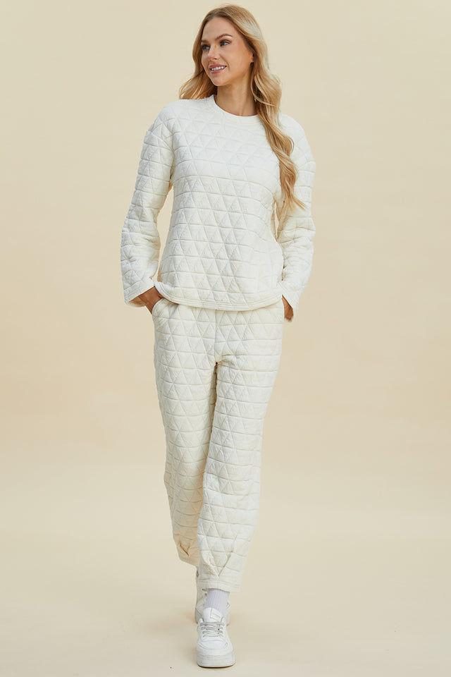 Double Take Full Size Texture Round Neck Long Sleeve Top and Pants Set | Hanalas