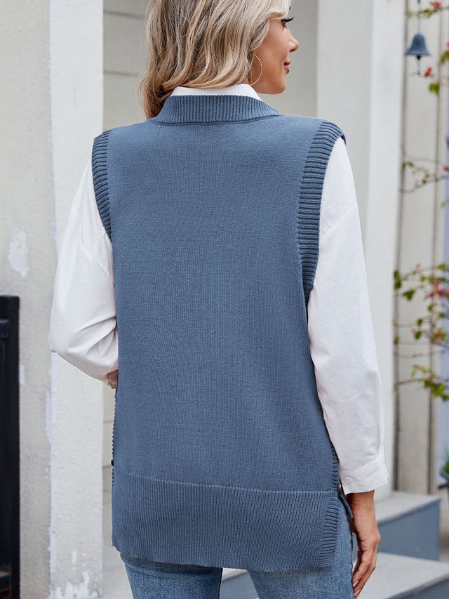 Buttoned Round Neck Sweater Vest | Hanalas