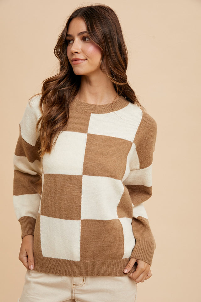 Annie Wear Checkered Round Neck Dropped Shoulder Sweater | Hanalas