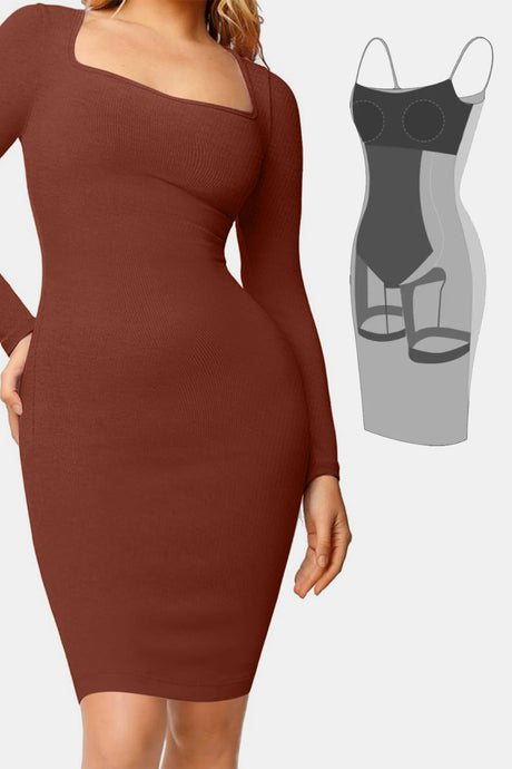 Basic Bae Full Size Built-In Shapewear Square Neck Long Sleeve Dress | Hanalas