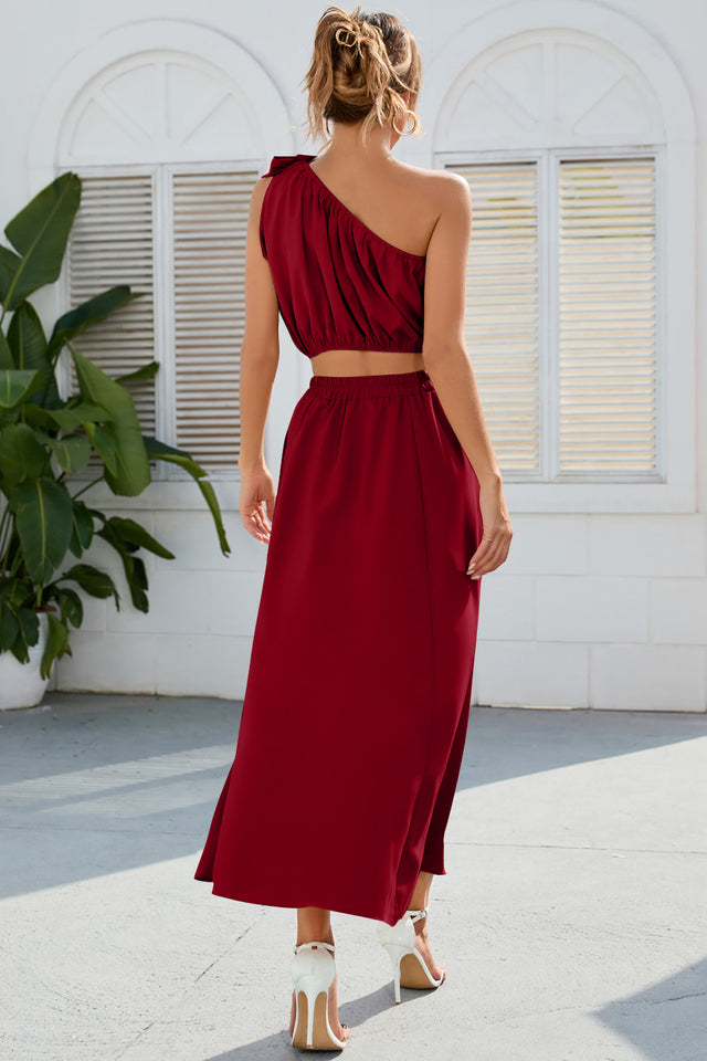 Ruched One Shoulder Top and Slit Skirt Set | Hanalas