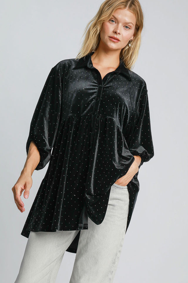 Umgee Full Size Polka Dot Button Up Half Sleeve Shirt | Hanalas