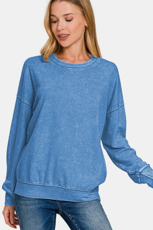 Zenana Washed Round Neck Dropped Shoulder Sweatshirt | Hanalas