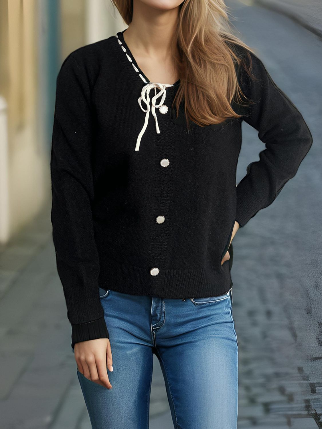 Tied V-Neck Long Sleeve Sweater