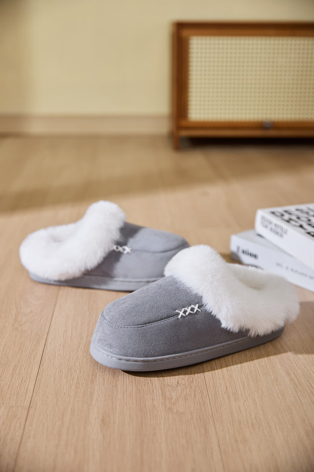 Fluff Trim Round Toe Flat Slippers | Hanalas