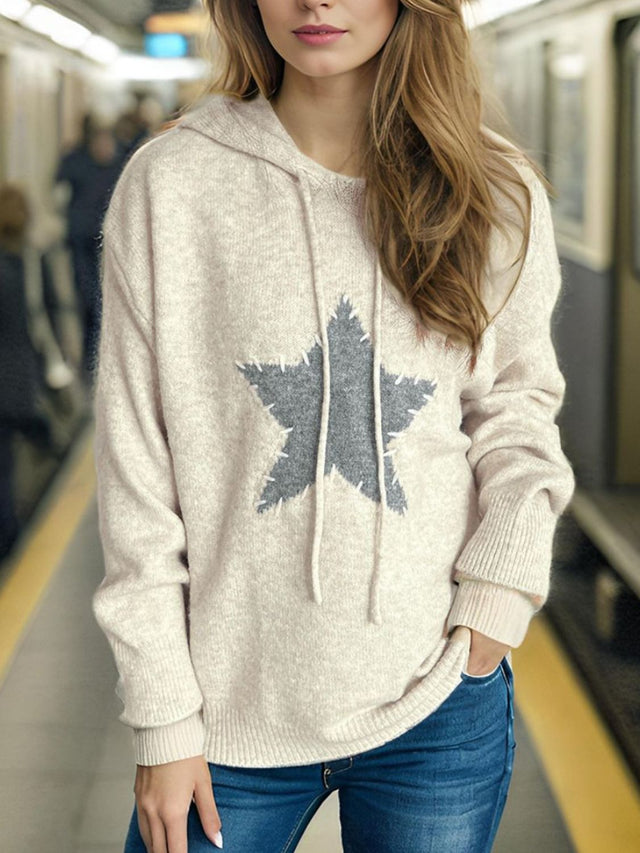 Drawstring Star Long Sleeve Hooded Sweater Trendsi Hanalas