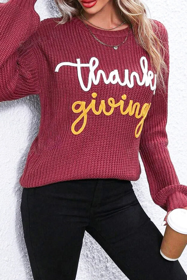 THANKSGIVING Round Neck Long Sleeve Sweater Trendsi Hanalas