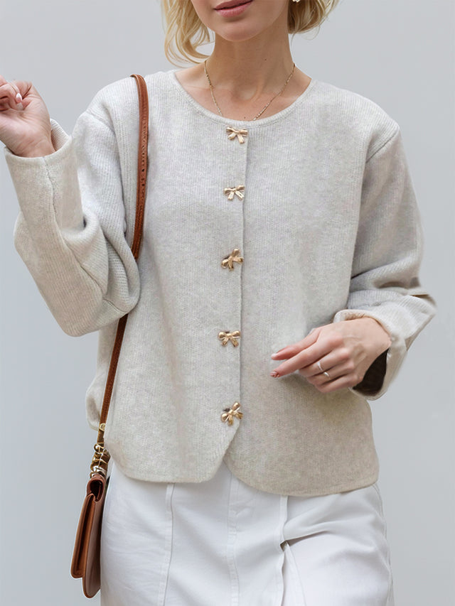 Bow Button Down Round Neck Long Sleeve Cardigan | Hanalas