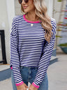 Striped Contrast Round Neck Long Sleeve Sweater | Hanalas