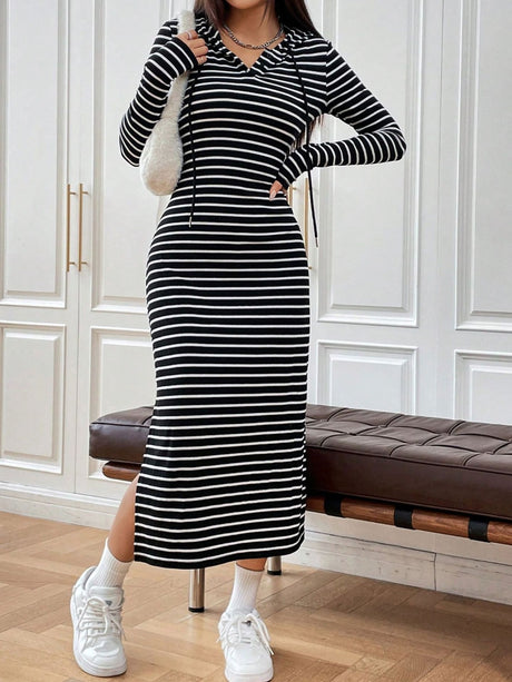 Drawstring Striped Long Sleeve Hooded Dress Trendsi Hanalas