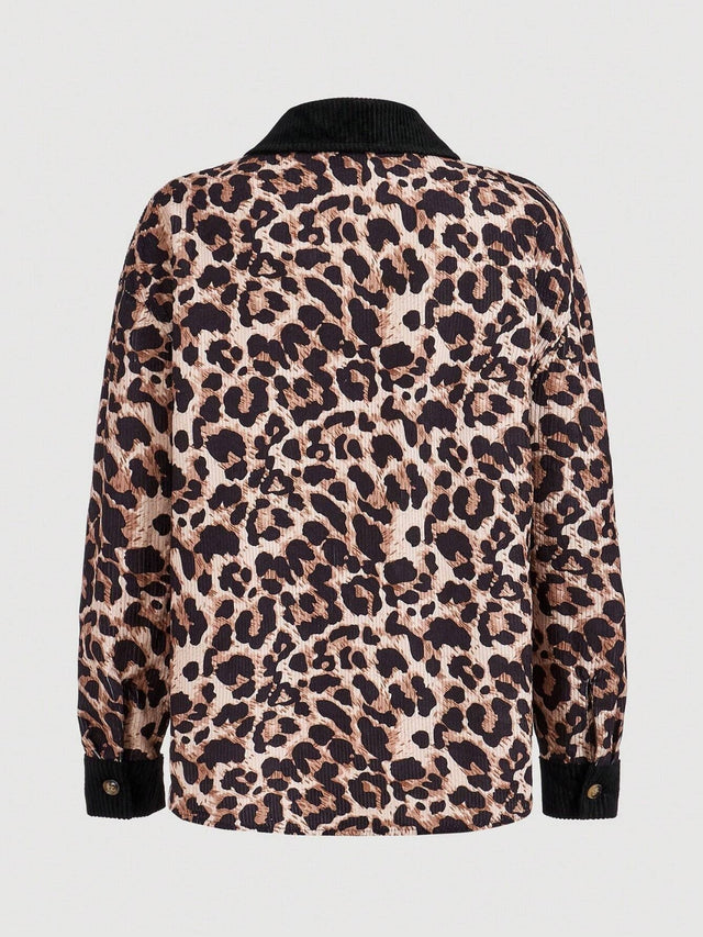 Leopard Collared Neck Button Up Shacket | Hanalas