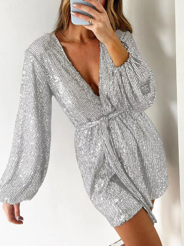 Full Size Sequin Surplice Tie Waist Long Sleeve Romper | Hanalas