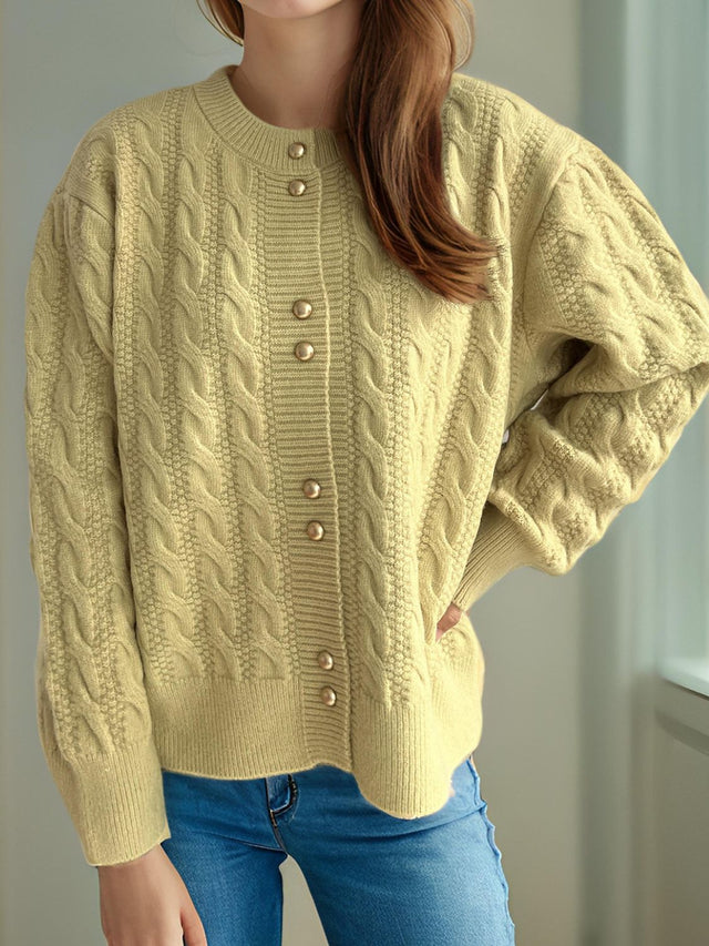 Cable-Knit Round Neck Long Sleeve Cardigan Trendsi Hanalas