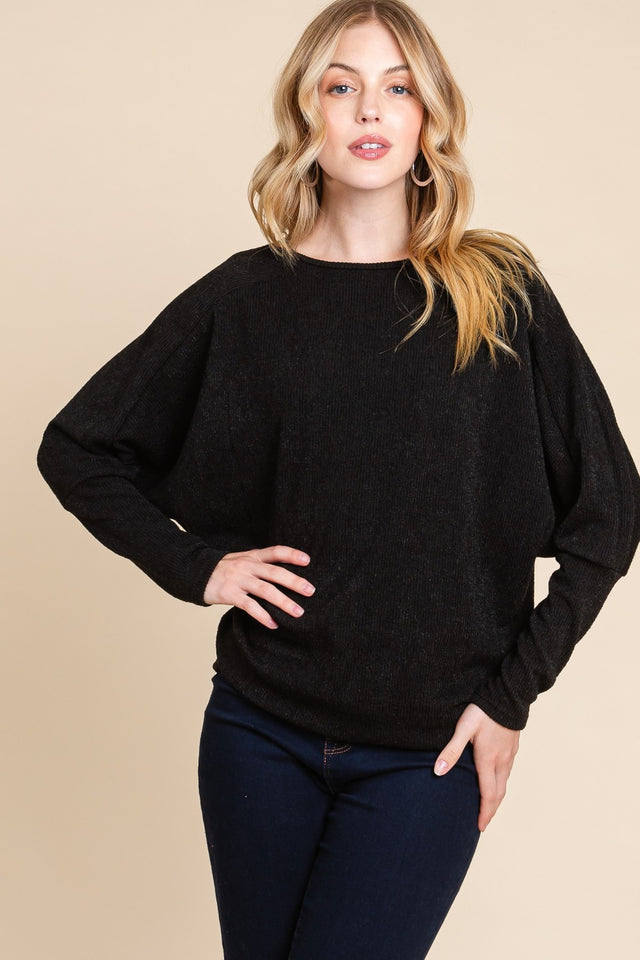 BOMBOM Drop Shoulder Long Sleeve Knit Top Trendsi Hanalas