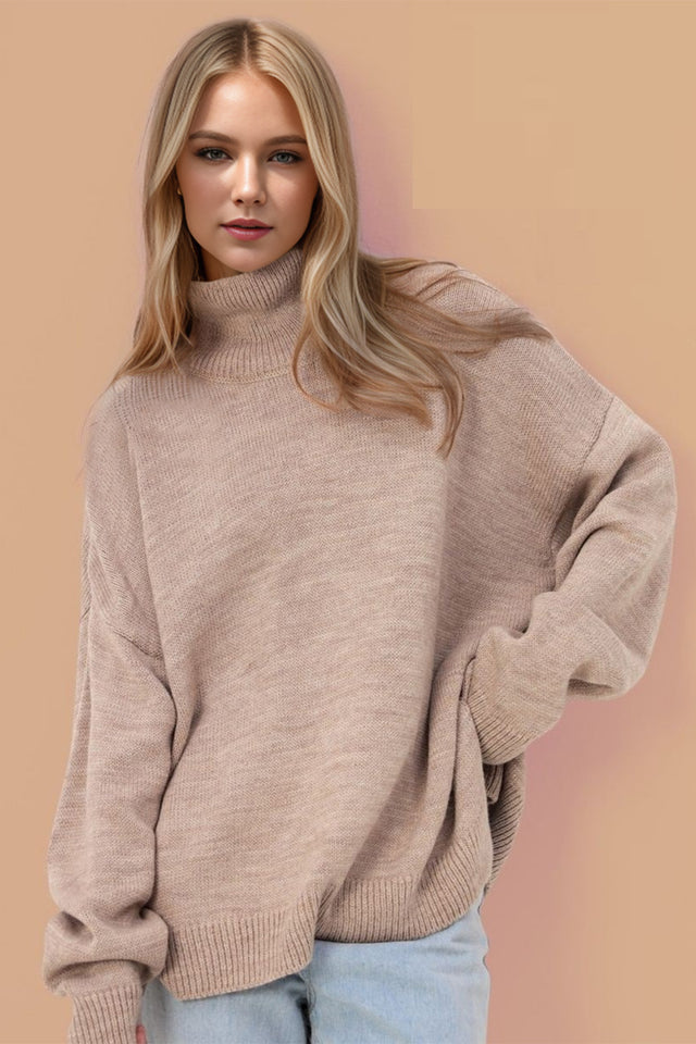 Basic Bae Side Slit Turtleneck Long Sleeve Sweater Trendsi Hanalas