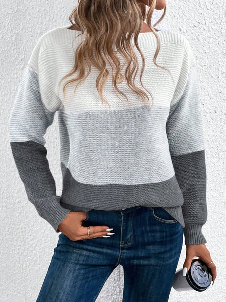 Color Block Drop Shoulder Long Sleeve Sweater | Hanalas