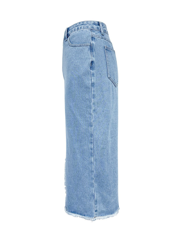 Raw Hem Slit Midi Denim Skirt | Hanalas