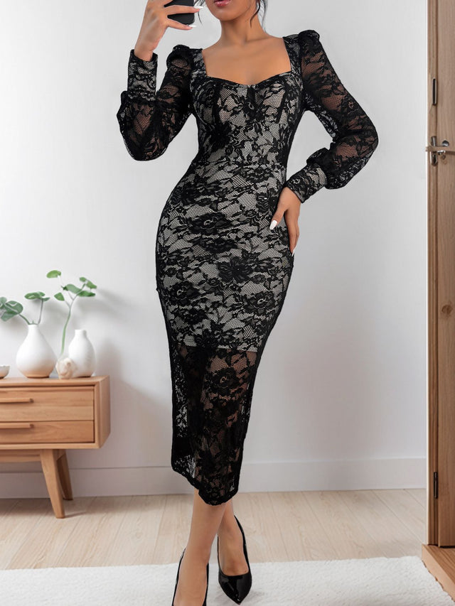 Perfee Lace Sweetheart Neck Long Sleeve Midi Dress | Hanalas