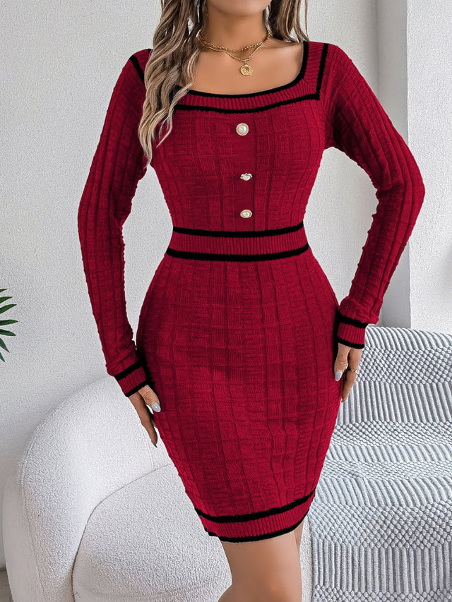 Contrast Trim Long Sleeve Sweater Dress | Hanalas