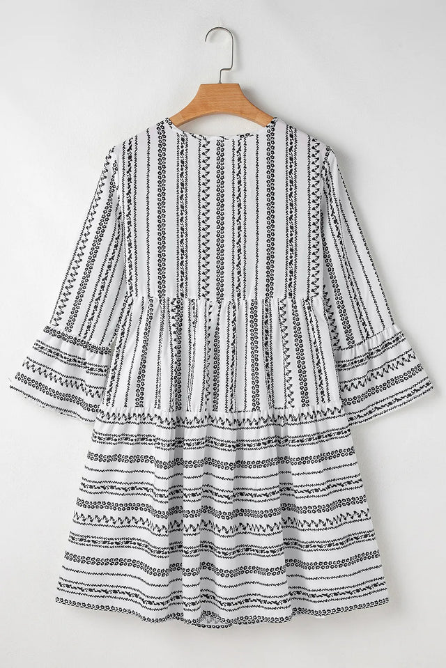 Printed Tie Neck Three-Quarter Sleeve Mini Dress