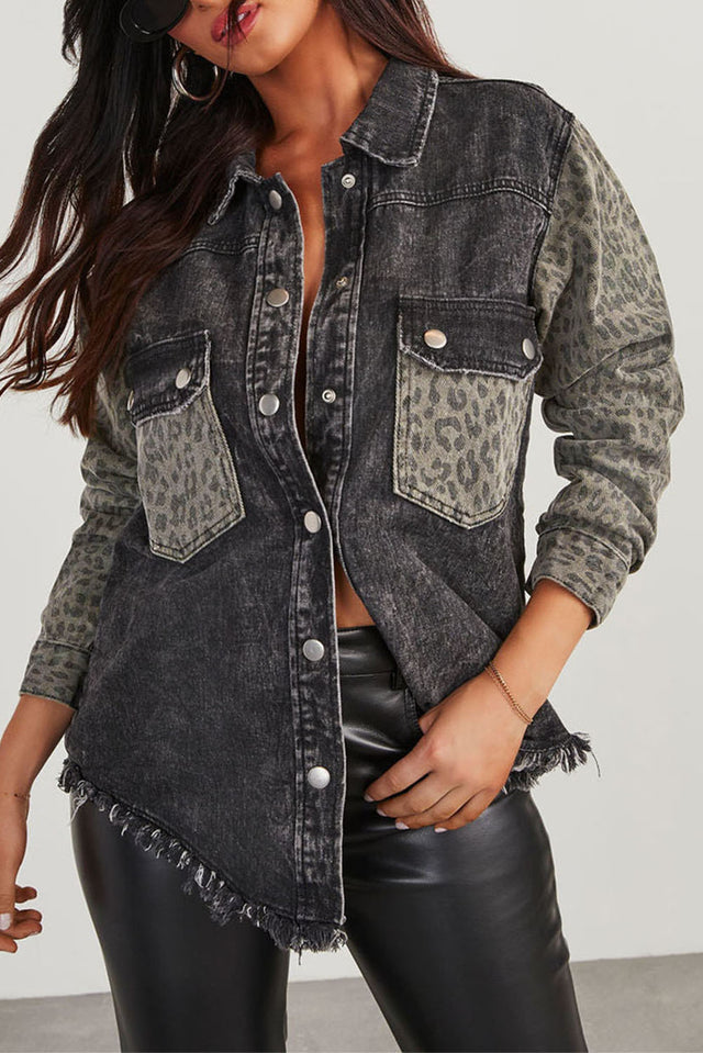 Raw Hem Leopard Snap Down Denim Jacket | Hanalas