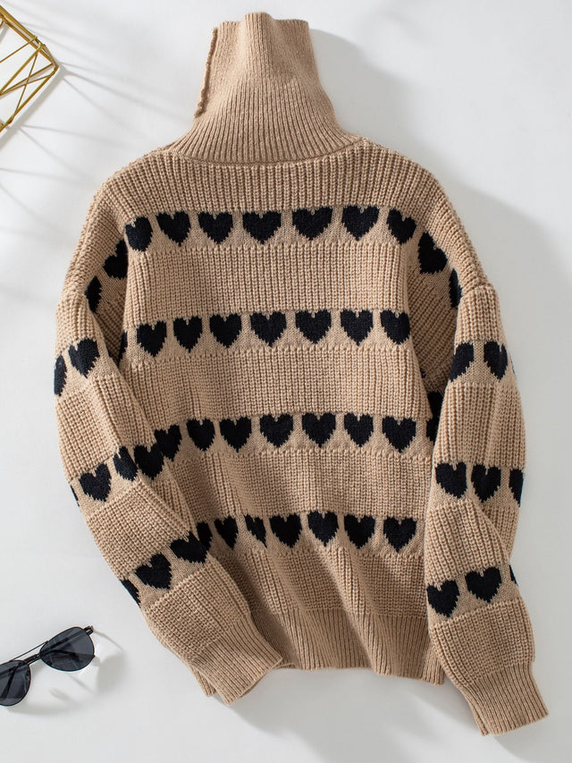 Heart Turtleneck Dropped Shoulder Sweater | Hanalas